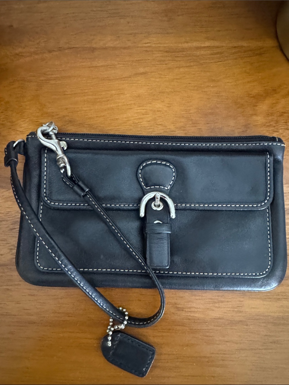 Coach Black Leather Wristlet with Contrast White Stitching